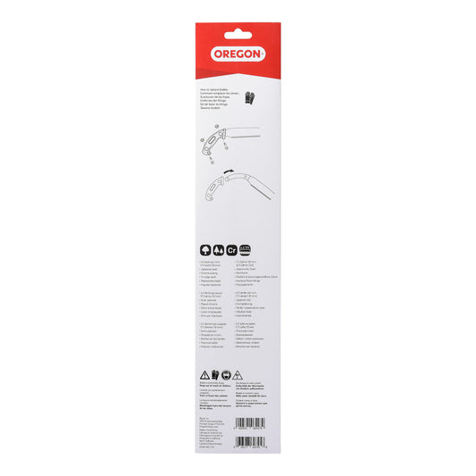 Oregon Use this replacement blade when you need a new straight blade on your saw, without throwing away the handle or the sheath. Easy to replace thanks to two point replacement screws and nuts, which can be removed and assembled with the help of a coin.