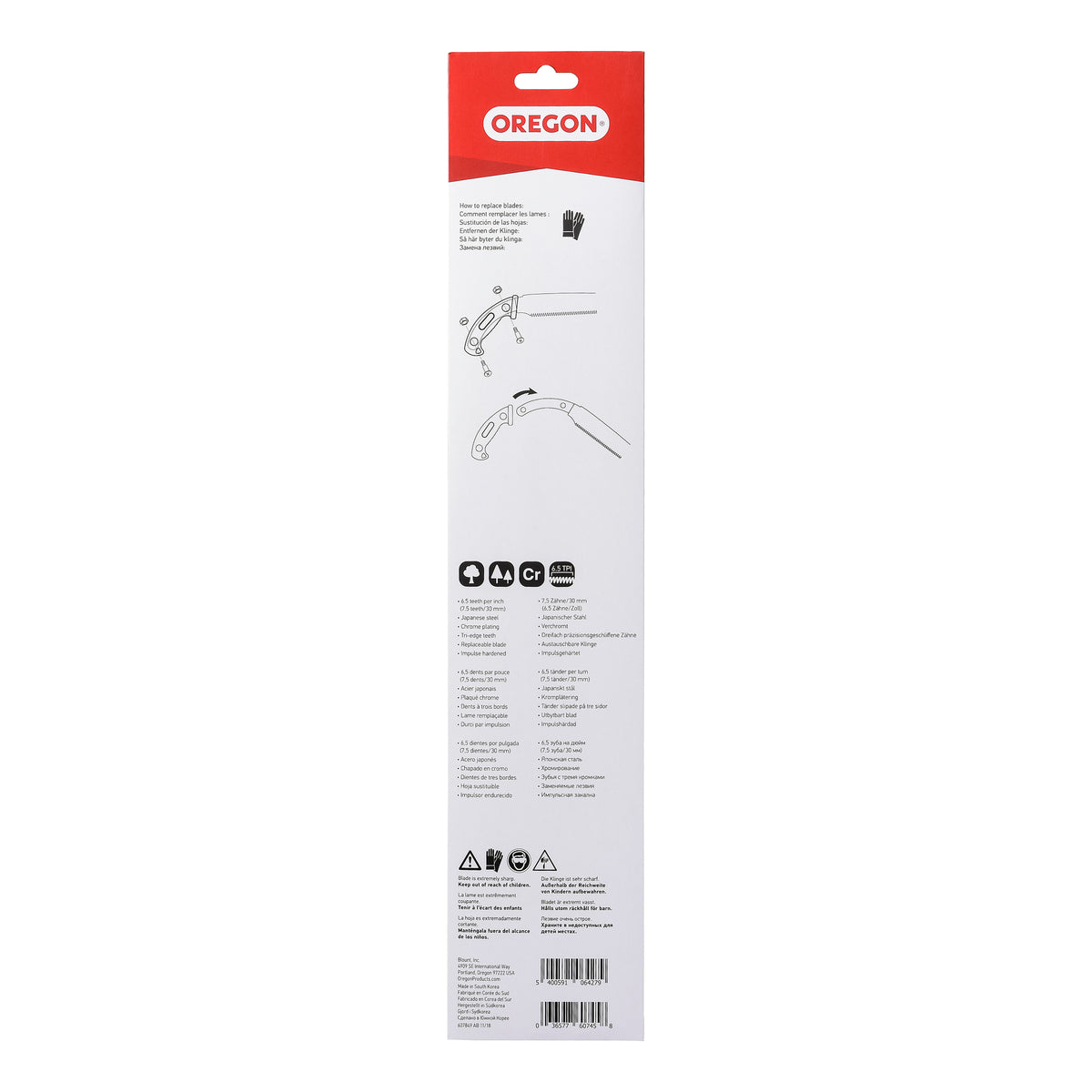 Oregon Use this replacement blade when you need a new straight blade on your saw, without throwing away the handle or the sheath. Easy to replace thanks to two point replacement screws and nuts, which can be removed and assembled with the help of a coin.