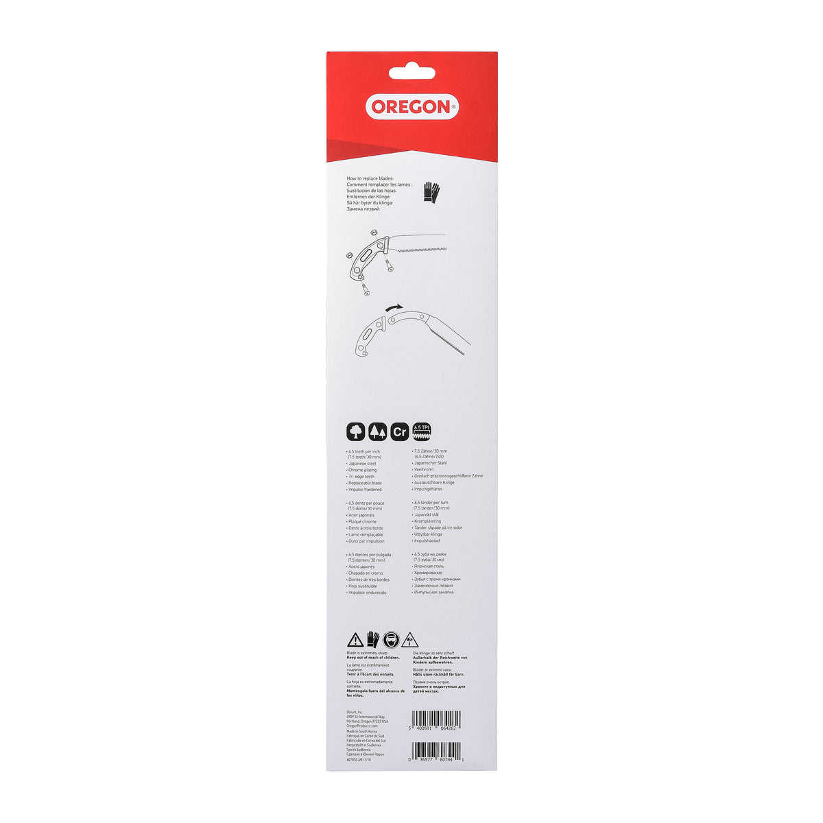Oregon Use this replacement blade when you need a new curved blade on your saw, without throwing away the handle or the sheath. Easy to replace thanks to two point replacement screws and nuts which can be removed and assembled with the help of a coin.